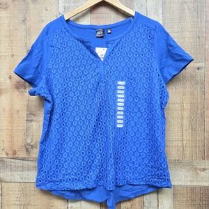 Rafaella Womens Knit V Neck Front Lace Overlay Top Royal Blue Size XXLarge New